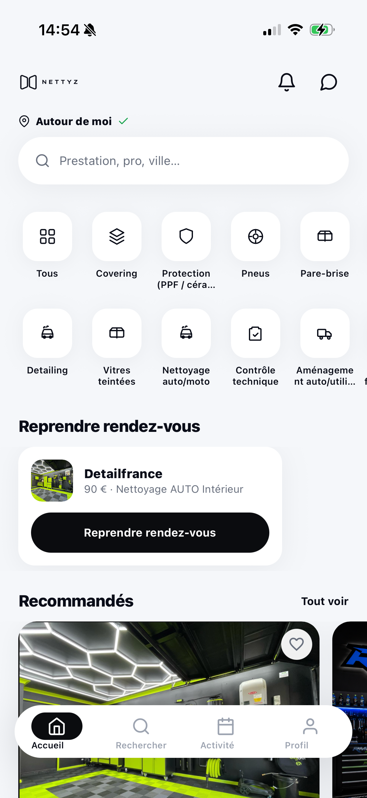 Écran d’accueil de l’application NETTYZ